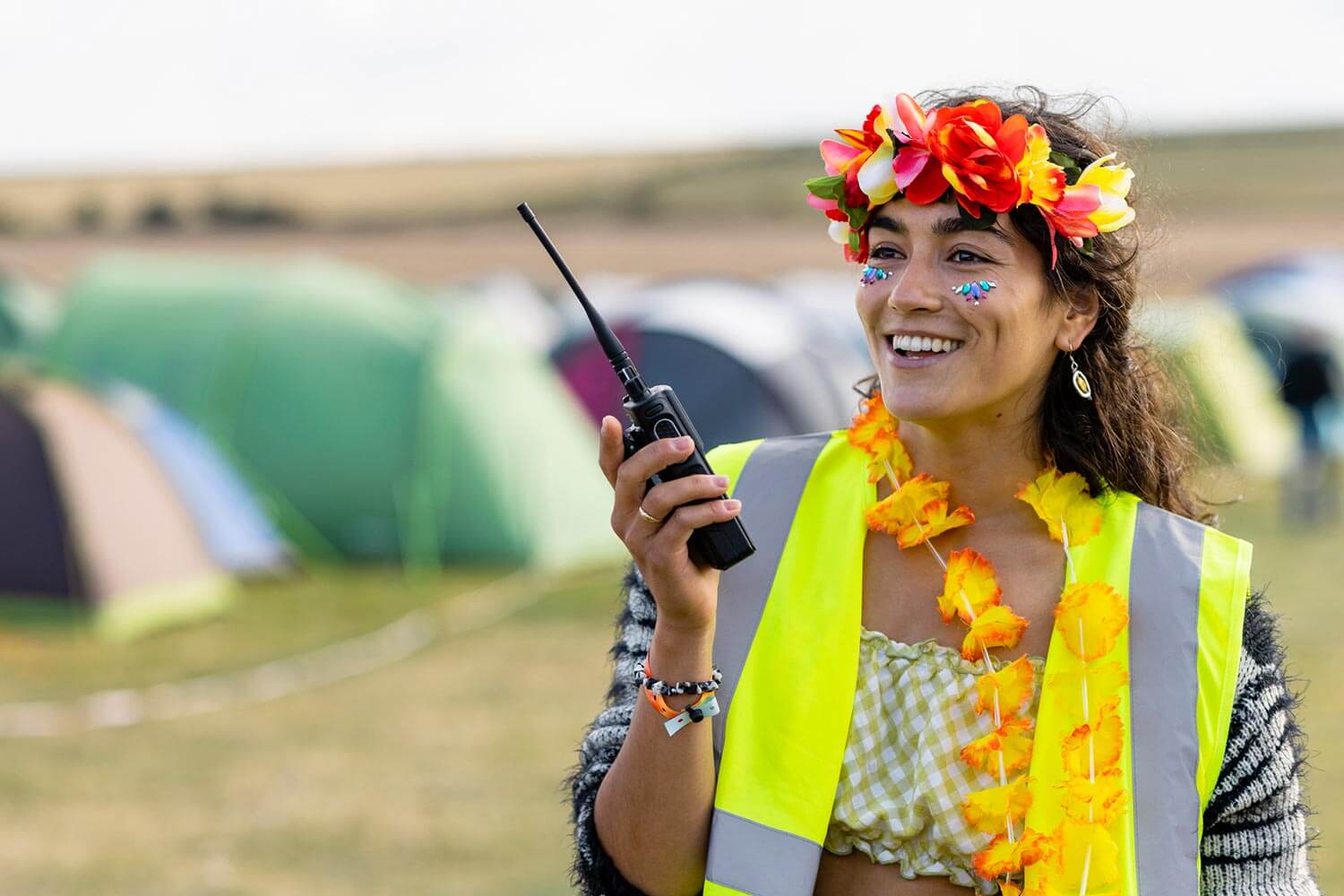 festival health and safety team member on walkie talkie festival health and safety team member on walkie talkie